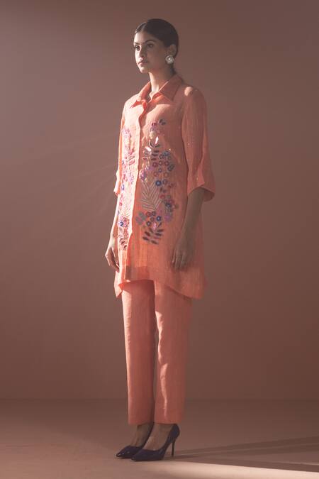 Oja Orange Linen Mirrors, Sequins, Embroidery Collared Shirt Tunic And Pant Set Online at Aza Fashions Oja_Orange Linen Mirrors, Sequins, Embroidery Collared Shirt Tunic And Pant Set _Online_at_Aza_Fashions