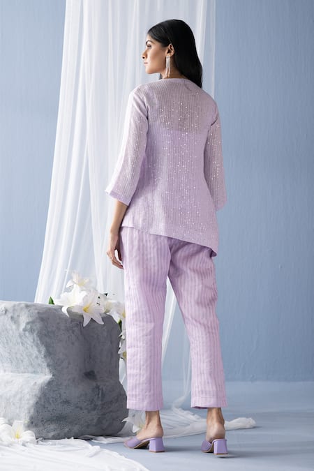 Oja Sequin Stripe Embroidered Shirt & Pant Set 
