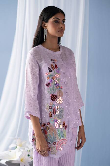 Oja Purple Linen Sequins, Mirrors Mandarin Stripe Embroidered Shirt And Pant Set Online at Aza Fashions Oja_Purple Linen Sequins, Mirrors Mandarin Stripe Embroidered Shirt And Pant Set _Online_at_Aza_Fashions