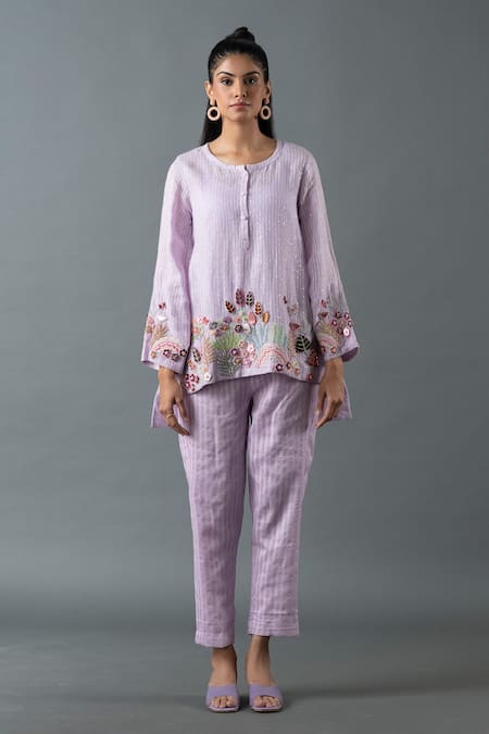 Oja Purple Shrim Linen Embroidery Mirror Round Thread Border Top And Pant Set 