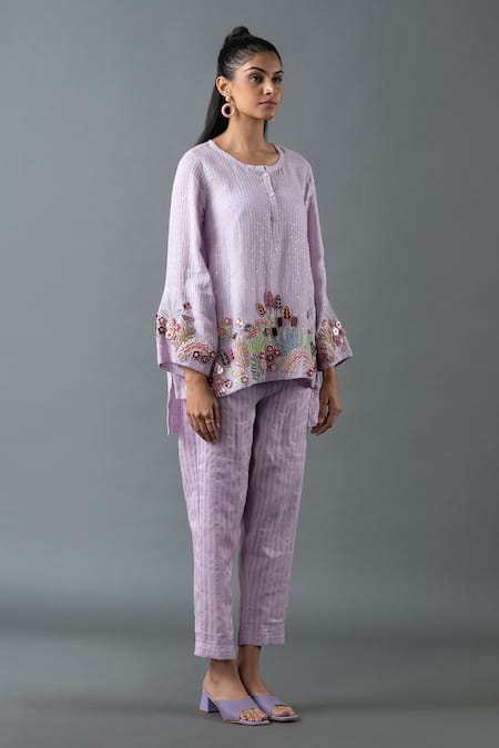 Oja_Purple Linen Embroidery Round Neck Thread Border Top And Pant Set _Online_at_Aza_Fashions