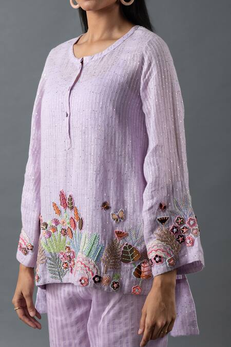 Buy_Oja_Purple Linen Embroidery Round Neck Thread Border Top And Pant Set _Online_at_Aza_Fashions