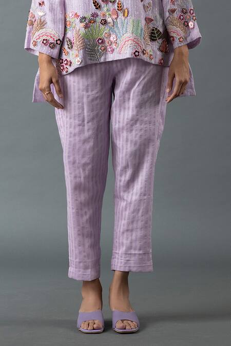 Shop_Oja_Purple Linen Embroidery Round Neck Thread Border Top And Pant Set _Online_at_Aza_Fashions