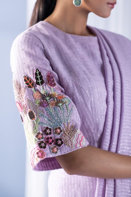 Oja_Purple Shrim Linen Woven Thread Round Sequin Work Saree With Blouse _Online_at_Aza_Fashions