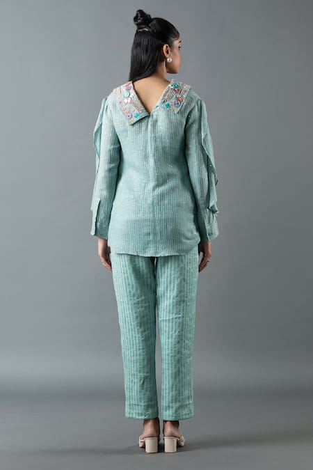 Oja Ruffle Sleeve Embroidered Top & Pant Set 