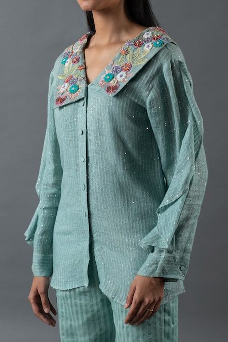 Buy Oja Blue Linen Mirrors, Sequins, Embroidery Collared Ruffle Sleeve Top And Pant Set Online at Aza Fashions Buy_Oja_Blue Linen Mirrors, Sequins, Embroidery Collared Ruffle Sleeve Top And Pant Set _Online_at_Aza_Fashions