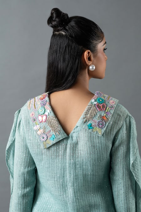 Shop Oja Blue Linen Mirrors, Sequins, Embroidery Collared Ruffle Sleeve Top And Pant Set Online at Aza Fashions Shop_Oja_Blue Linen Mirrors, Sequins, Embroidery Collared Ruffle Sleeve Top And Pant Set _Online_at_Aza_Fashions