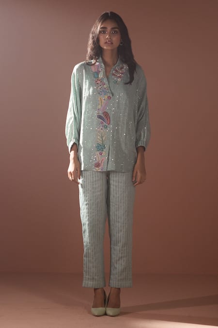 Oja Blue Shrim Linen Embroidery Mirror V Neck Placket Top And Pant Set 