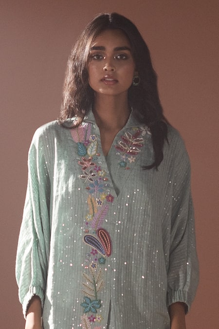 Oja Blue Linen Mirrors, Sequins V-neck Placket Embroidered Top And Pant Set Online at Aza Fashions Oja_Blue Linen Mirrors, Sequins V-neck Placket Embroidered Top And Pant Set _Online_at_Aza_Fashions