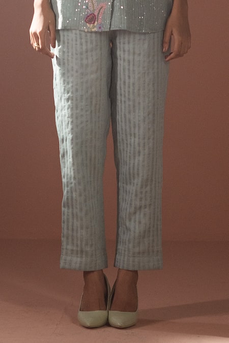 Buy Oja Blue Linen Mirrors, Sequins V-neck Placket Embroidered Top And Pant Set Online at Aza Fashions Buy_Oja_Blue Linen Mirrors, Sequins V-neck Placket Embroidered Top And Pant Set _Online_at_Aza_Fashions