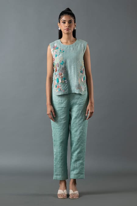 Oja Blue Shrim Linen Embroidery Mirror Round Top And Pant Set 