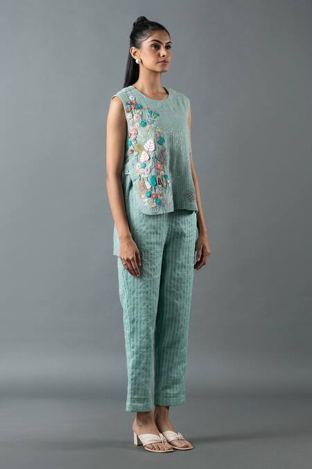 Oja_Blue Linen Mirrors, Sequins Round Neck Embroidered Top And Pant Set _Online_at_Aza_Fashions
