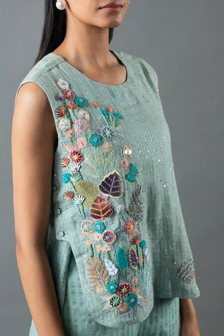 Buy_Oja_Blue Linen Mirrors, Sequins Round Neck Embroidered Top And Pant Set _Online_at_Aza_Fashions