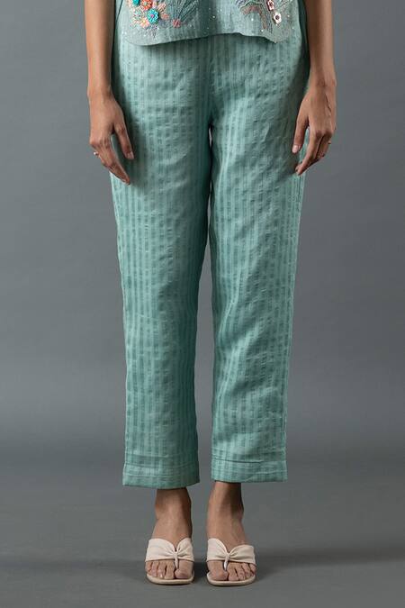 Shop_Oja_Blue Linen Mirrors, Sequins Round Neck Embroidered Top And Pant Set _Online_at_Aza_Fashions