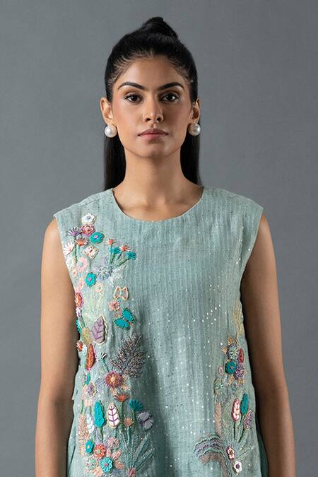 Oja_Blue Linen Mirrors, Sequins Round Neck Embroidered Top And Pant Set _at_Aza_Fashions