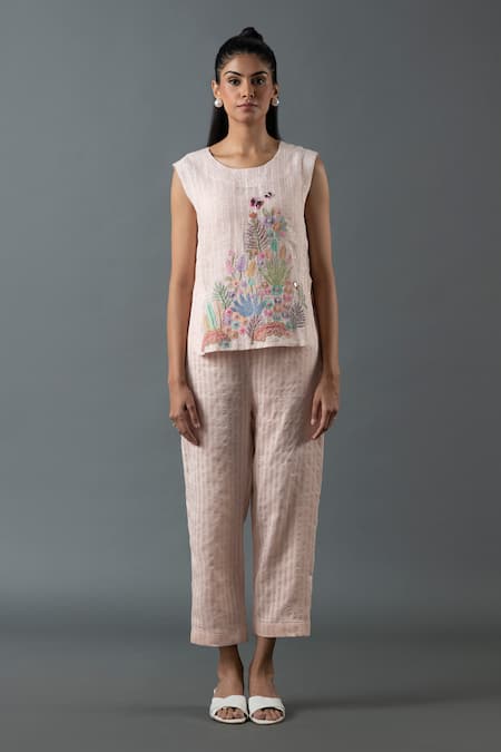 Oja Pink Shrim Linen Embroidery Mirror Round Threadwork Top And Pant Set 