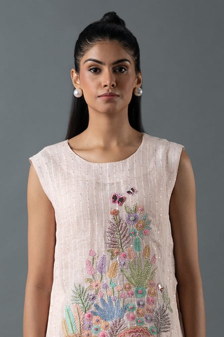 Shop_Oja_Pink Linen Mirrors, Sequins, Embroidery Round Neck Threadwork Top And Pant Set _Online_at_Aza_Fashions