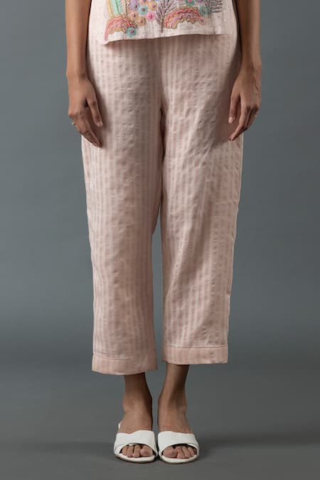 Oja_Pink Linen Mirrors, Sequins, Embroidery Round Neck Threadwork Top And Pant Set _at_Aza_Fashions
