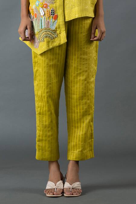 Shop_Oja_Green Linen Mirrors, Sequins Mandarin Collar Embroidered Kurta And Pant Set _Online_at_Aza_Fashions