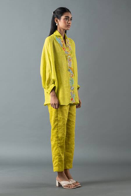 Oja Green Linen Embroidery, Sequins Collared Mirror Placket Shirt And Pant Set Online at Aza Fashions Oja_Green Linen Embroidery, Sequins Collared Mirror Placket Shirt And Pant Set _Online_at_Aza_Fashions