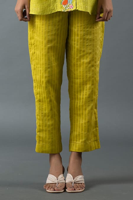 Shop Oja Green Linen Embroidery, Sequins Collared Mirror Placket Shirt And Pant Set Online at Aza Fashions Shop_Oja_Green Linen Embroidery, Sequins Collared Mirror Placket Shirt And Pant Set _Online_at_Aza_Fashions