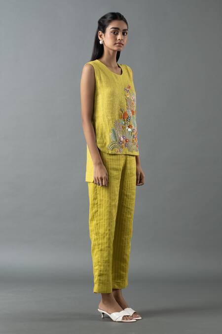 Oja_Green Linen Mirrors, Sequins Round Neck Flower Embroidered Top And Pant Set _Online_at_Aza_Fashions