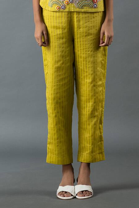 Buy_Oja_Green Linen Mirrors, Sequins Round Neck Flower Embroidered Top And Pant Set _Online_at_Aza_Fashions