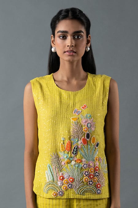 Shop_Oja_Green Linen Mirrors, Sequins Round Neck Flower Embroidered Top And Pant Set _Online_at_Aza_Fashions