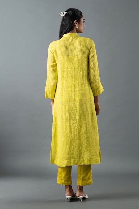 Shop_Oja_Green Linen Mirrors, Sequins Collared Thread Work Kurta And Pant Set _at_Aza_Fashions
