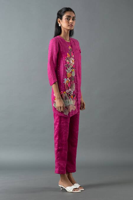 Oja_Magenta Linen Embroidery, Sequins Mandarin Collar Asymmetric Shirt And Pant Set _Online_at_Aza_Fashions