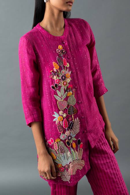 Buy_Oja_Magenta Linen Embroidery, Sequins Mandarin Collar Asymmetric Shirt And Pant Set _Online_at_Aza_Fashions