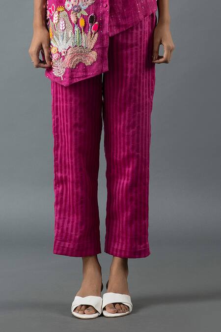 Shop_Oja_Magenta Linen Embroidery, Sequins Mandarin Collar Asymmetric Shirt And Pant Set _Online_at_Aza_Fashions