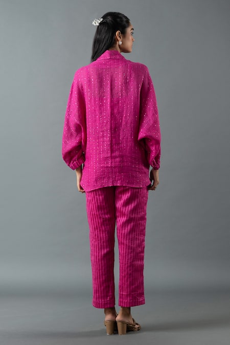 Shop_Oja_Magenta Linen Mirrors, Sequins, Embroidery Collared Gota Work Shirt And Pant Set _at_Aza_Fashions