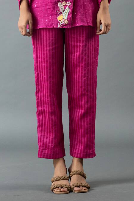Oja_Magenta Linen Mirrors, Sequins, Embroidery Collared Gota Work Shirt And Pant Set _Online_at_Aza_Fashions