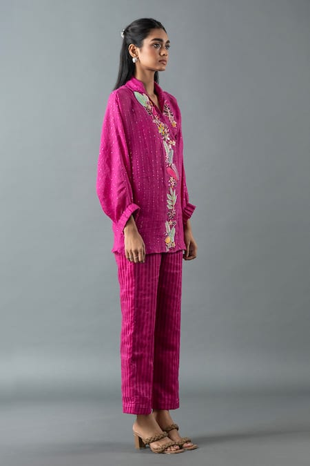 Buy_Oja_Magenta Linen Mirrors, Sequins, Embroidery Collared Gota Work Shirt And Pant Set _Online_at_Aza_Fashions