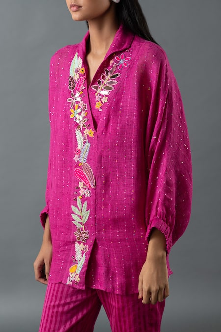 Shop_Oja_Magenta Linen Mirrors, Sequins, Embroidery Collared Gota Work Shirt And Pant Set _Online_at_Aza_Fashions