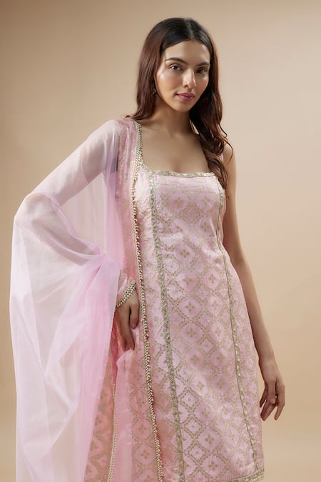 Monk & Mei By Sonia Anand_Pink Silk, Brocade, Chiffon Pearls Square Neck Florin Jaal Woven Kurta Pant Set _Online_at_Aza_Fashions