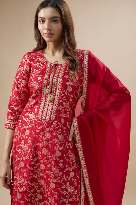 Monk & Mei By Sonia Anand_Red Cotton, Silk, Organza Embroidery Round Bahar Woven Brocade Kurta Sharara Set _Online_at_Aza_Fashions