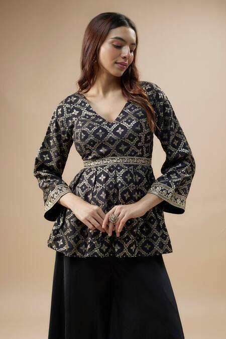 Buy_Monk & Mei By Sonia Anand_Black Brocade, , Silk, Bloom Jaal Woven Peplum Kurti With Sharara _Online_at_Aza_Fashions