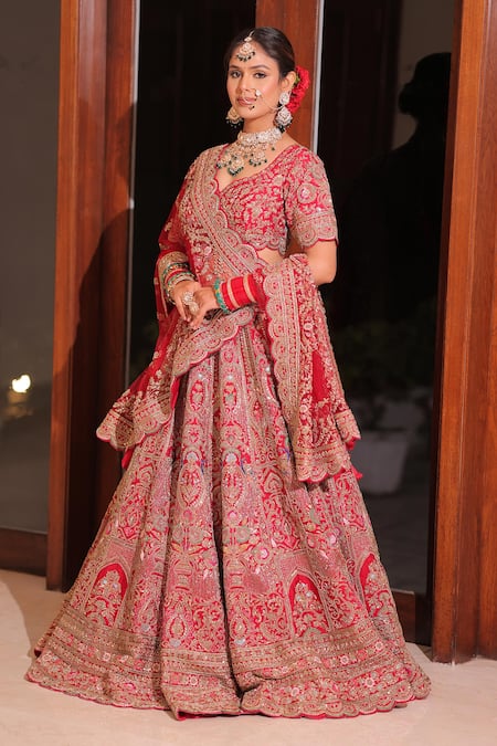 mehar Red Raw Silk Embroidered Jaal Leaf And Kasab Bridal Lehenga Set 