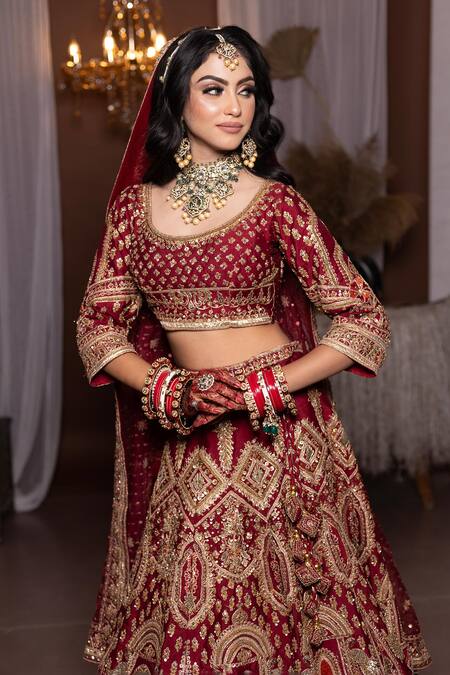 Buy_Mehar_Maroon Silk Zari, Embroidery Round Neck And Thread Bridal Lehenga Set _Online_at_Aza_Fashions