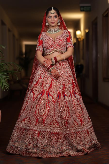 mehar Red Organza Embroidered Sequin Sweetheart And Thread Bridal Lehenga Set 