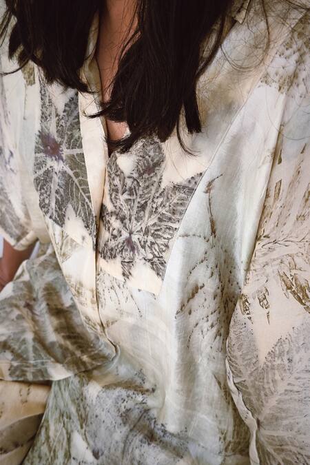 Jasmine Bains_Beige Silk Collared Botanical Printed Shirt _Online_at_Aza_Fashions
