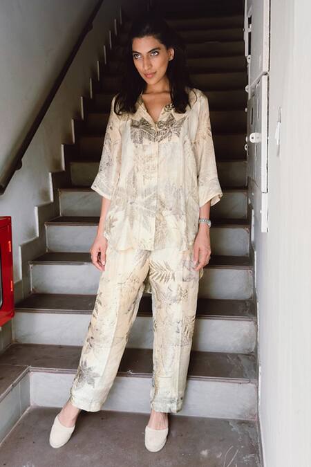 Shop_Jasmine Bains_Beige Silk Collared Botanical Printed Shirt _Online_at_Aza_Fashions