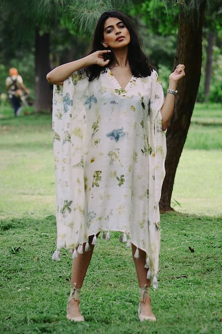 Jasmine Bains Ivory Mulberry Silk Printed Floral Blossoms V Neck Kaftan 