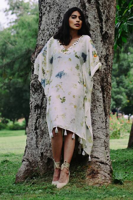 Jasmine Bains Ivory Silk Tassels V-neck Floral Blossom Printed Kaftan Online at Aza Fashions Jasmine Bains_Ivory Silk Tassels V-neck Floral Blossom Printed Kaftan _Online_at_Aza_Fashions