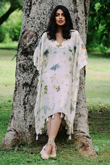 Buy Jasmine Bains Ivory Silk Tassels V-neck Floral Blossom Printed Kaftan Online at Aza Fashions Buy_Jasmine Bains_Ivory Silk Tassels V-neck Floral Blossom Printed Kaftan _Online_at_Aza_Fashions