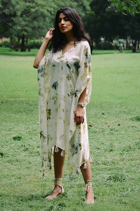 Shop Jasmine Bains Ivory Silk Tassels V-neck Floral Blossom Printed Kaftan Online at Aza Fashions Shop_Jasmine Bains_Ivory Silk Tassels V-neck Floral Blossom Printed Kaftan _Online_at_Aza_Fashions