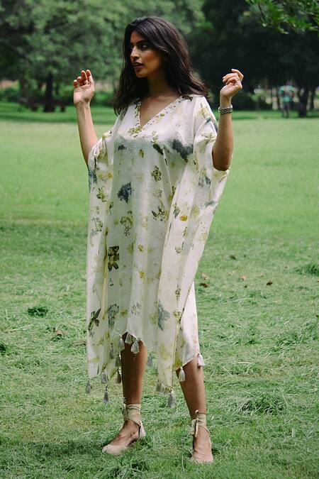 Jasmine Bains Ivory Silk Tassels V-neck Floral Blossom Printed Kaftan at Aza Fashions Jasmine Bains_Ivory Silk Tassels V-neck Floral Blossom Printed Kaftan _at_Aza_Fashions