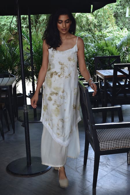 Buy_Jasmine Bains_Ivory Silk Round Neck Foliage Print Asymmetric Dress _Online_at_Aza_Fashions